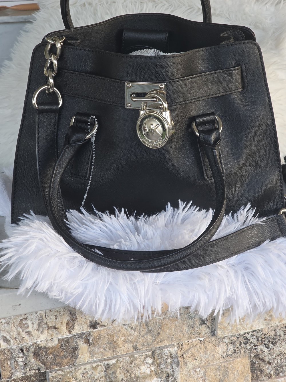 Michael Kors Black Leather Satchel with Gold Lock Charm